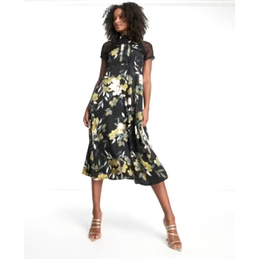 Liquorish Boutique Black Floral Print Lace Short Sleeve A Line Retro Style Dress